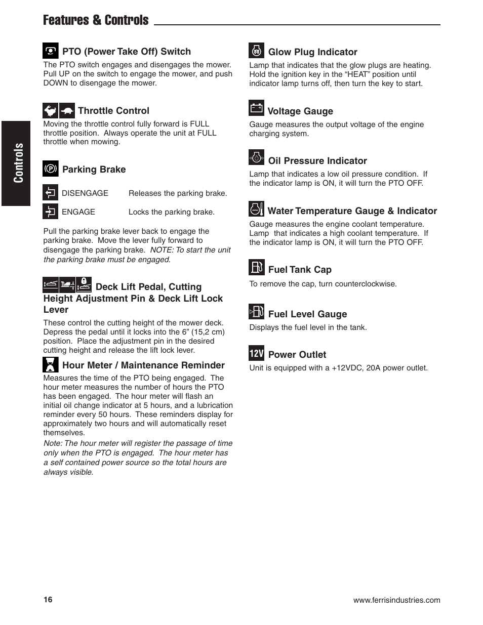 Features & controls, Controls | Briggs & Stratton Ferris 5900619 User Manual | Page 18 / 56