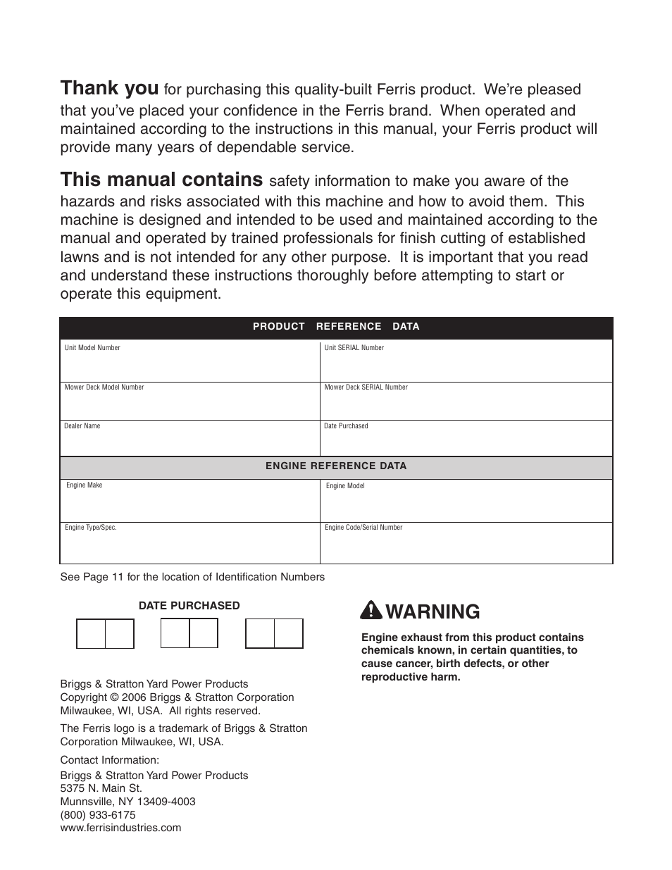 This manual contains, Warning | Briggs & Stratton Ferris 5900619 User Manual | Page 2 / 56