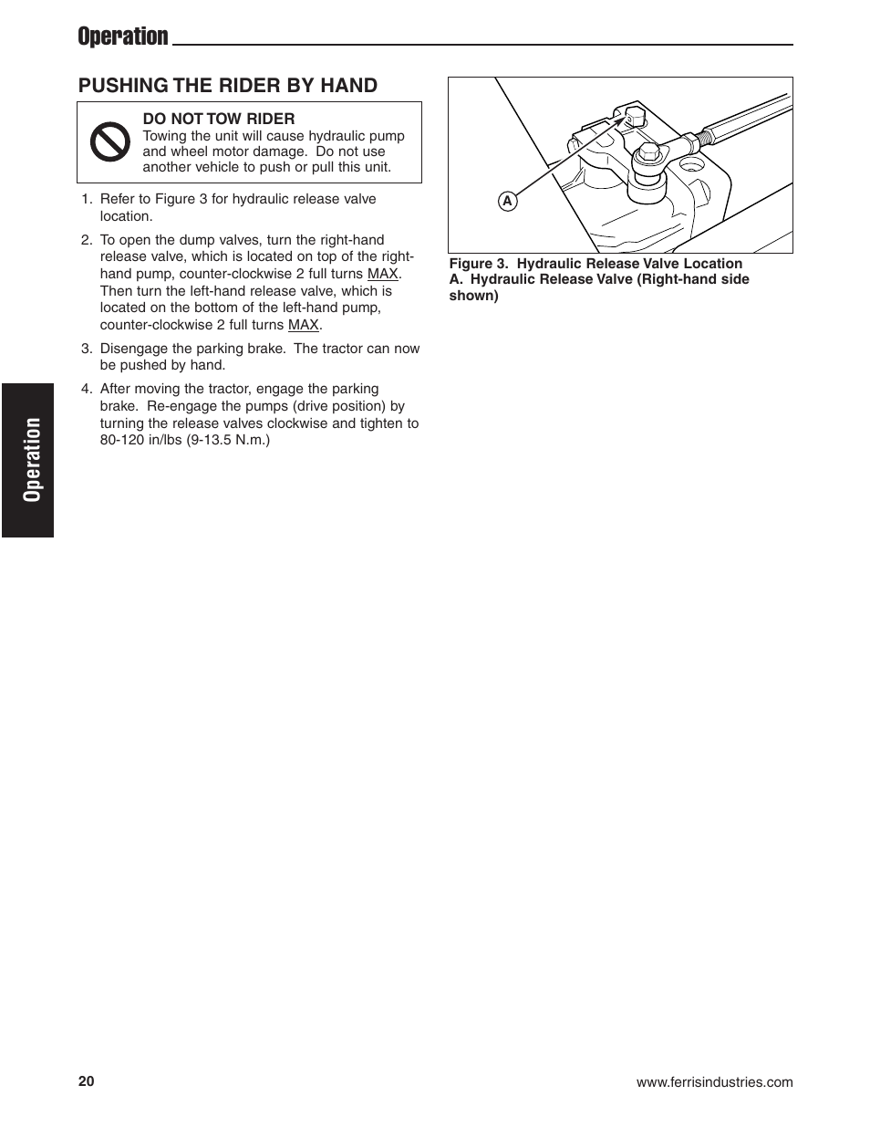 Operation, Pushing the rider by hand | Briggs & Stratton Ferris 5900619 User Manual | Page 22 / 56