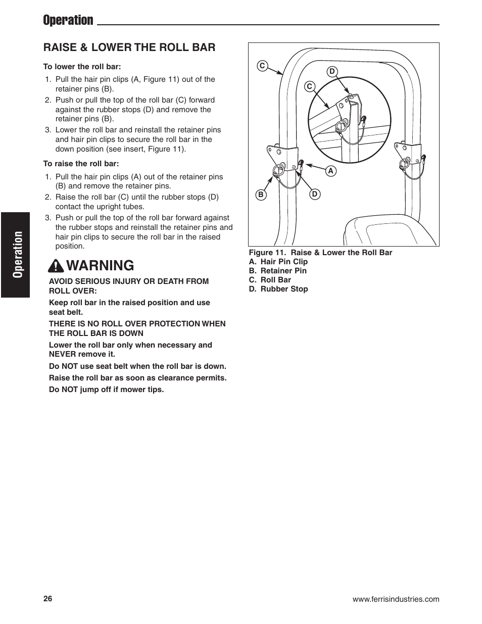 Operation warning, Operation, Raise & lower the roll bar | Briggs & Stratton Ferris 5900619 User Manual | Page 28 / 56