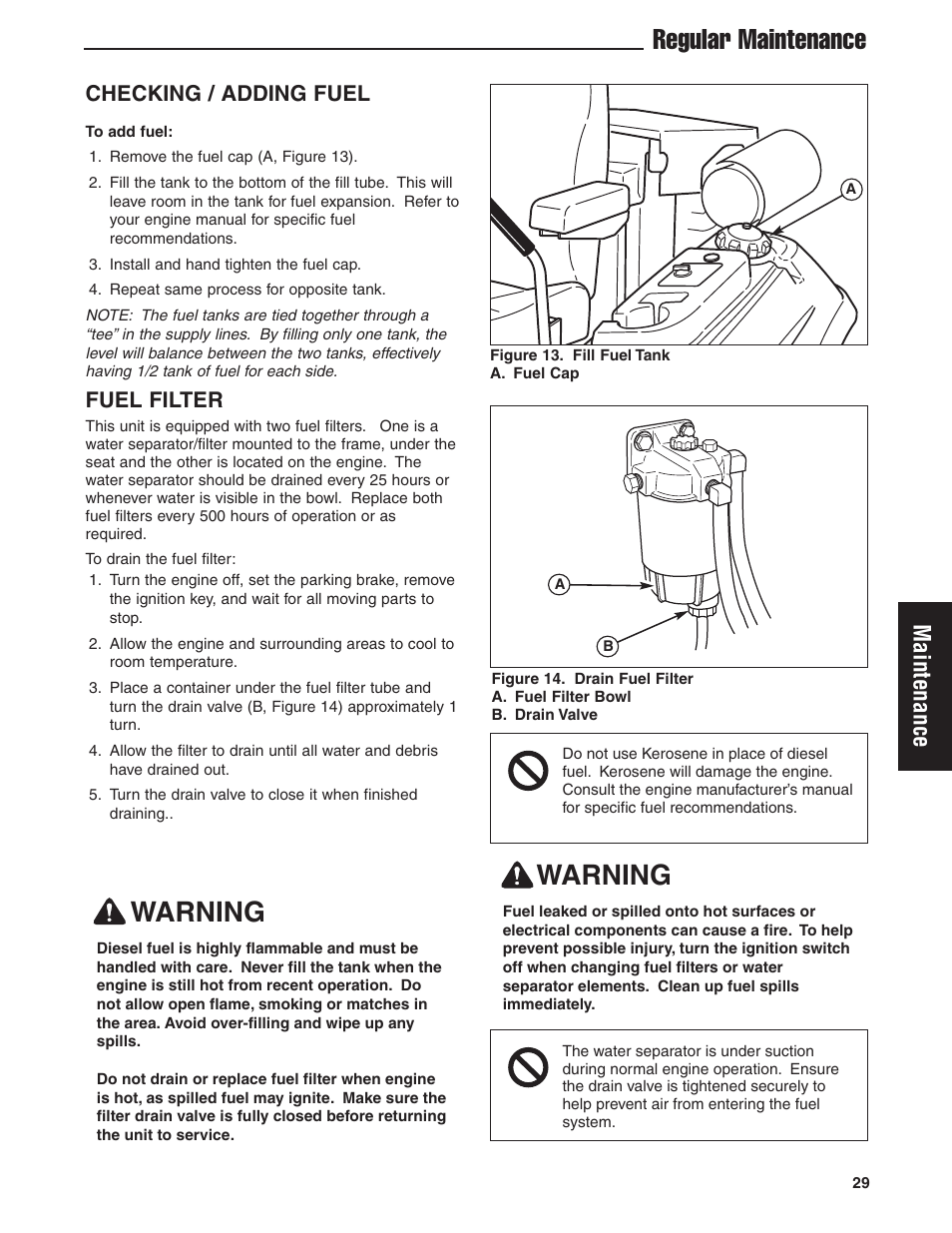 Warning, Regular maintenance, Maintenance | Checking / adding fuel, Fuel filter | Briggs & Stratton Ferris 5900619 User Manual | Page 31 / 56