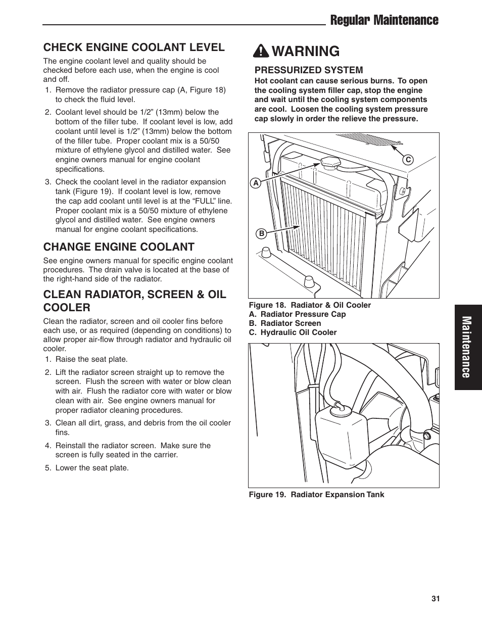 Warning, Regular maintenance, Maintenance | Check engine coolant level, Change engine coolant, Clean radiator, screen & oil cooler | Briggs & Stratton Ferris 5900619 User Manual | Page 33 / 56