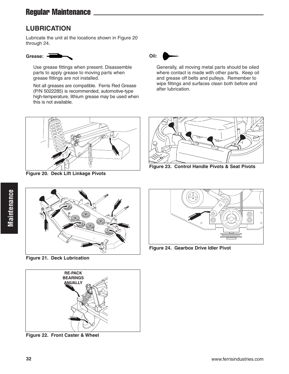 Regular maintenance, Maintenance, Lubrication | Briggs & Stratton Ferris 5900619 User Manual | Page 34 / 56