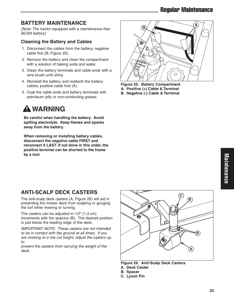 Regular maintenance, Warning, Maintenance | Battery maintenance, Anti-scalp deck casters | Briggs & Stratton Ferris 5900619 User Manual | Page 35 / 56