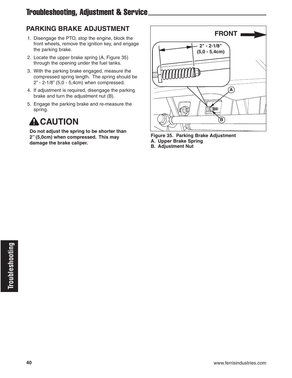 Troubleshooting, adjustment & service, Caution, Troubleshooting | Parking brake adjustment, Front | Briggs & Stratton Ferris 5900619 User Manual | Page 42 / 56