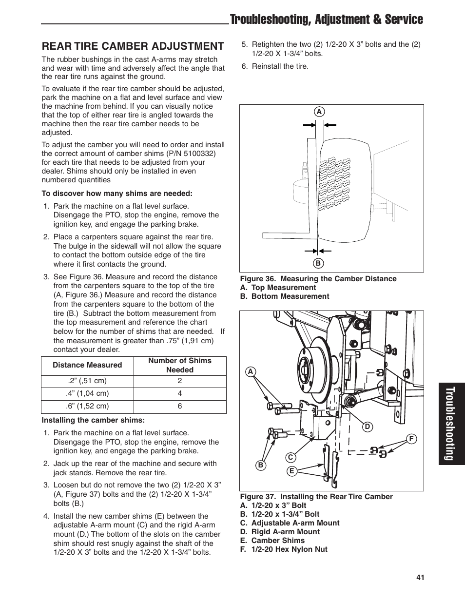 Troubleshooting, adjustment & service, Troubleshooting, Rear tire camber adjustment | Briggs & Stratton Ferris 5900619 User Manual | Page 43 / 56