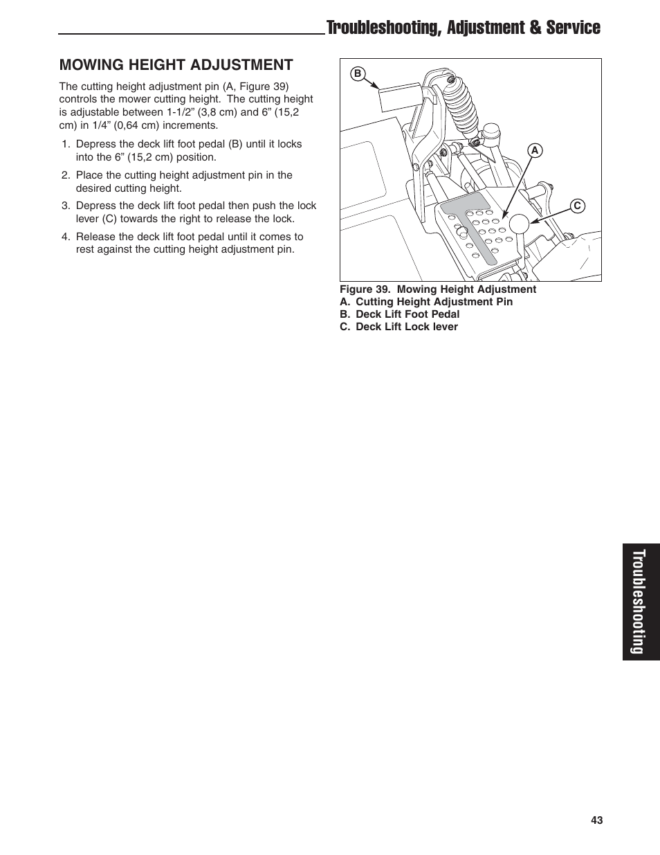 Troubleshooting, adjustment & service, Troubleshooting, Mowing height adjustment | Briggs & Stratton Ferris 5900619 User Manual | Page 45 / 56