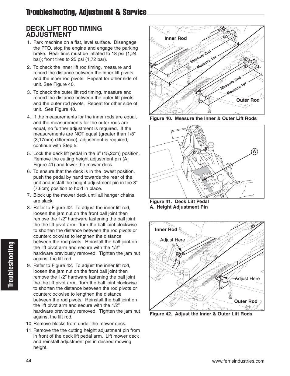 Troubleshooting, adjustment & service, Troubleshooting, Deck lift rod timing adjustment | Briggs & Stratton Ferris 5900619 User Manual | Page 46 / 56