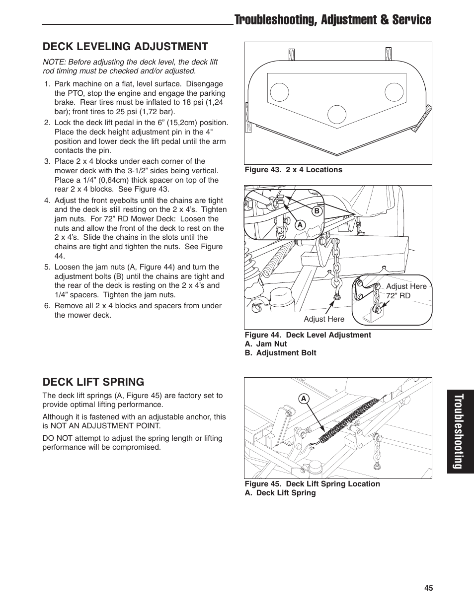 Troubleshooting, adjustment & service, Troubleshooting, Deck leveling adjustment | Deck lift spring | Briggs & Stratton Ferris 5900619 User Manual | Page 47 / 56