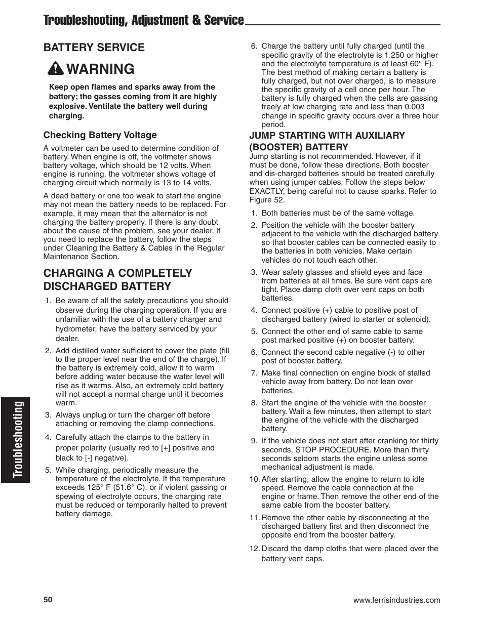 Warning, Troubleshooting, adjustment & service, Troubleshooting | Battery service, Charging a completely discharged battery | Briggs & Stratton Ferris 5900619 User Manual | Page 52 / 56