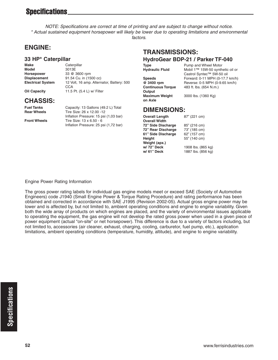 Specifications, Engine, Chassis | Transmissions, Dimensions, 33 hp* caterpillar | Briggs & Stratton Ferris 5900619 User Manual | Page 54 / 56