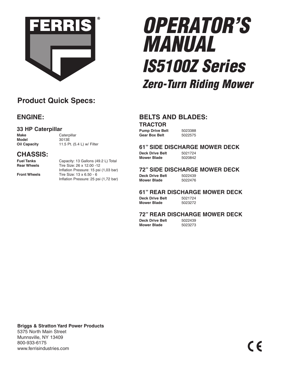 Operator’s manual, Is5100z series, Zero-turn riding mower | Product quick specs | Briggs & Stratton Ferris 5900619 User Manual | Page 56 / 56