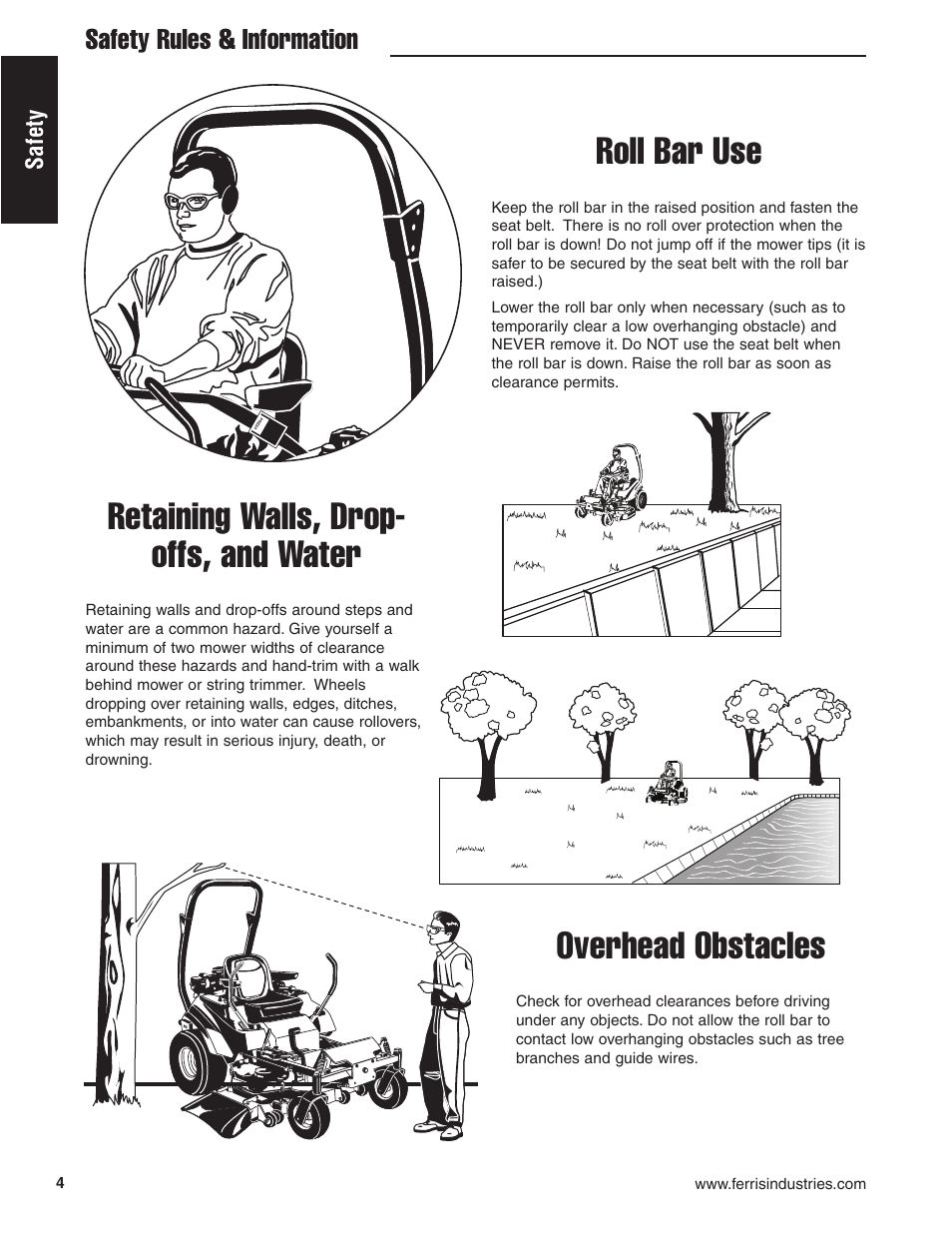 Roll bar use, Retaining walls, drop- offs, and water, Overhead obstacles | Safety rules & information | Briggs & Stratton Ferris 5900619 User Manual | Page 6 / 56