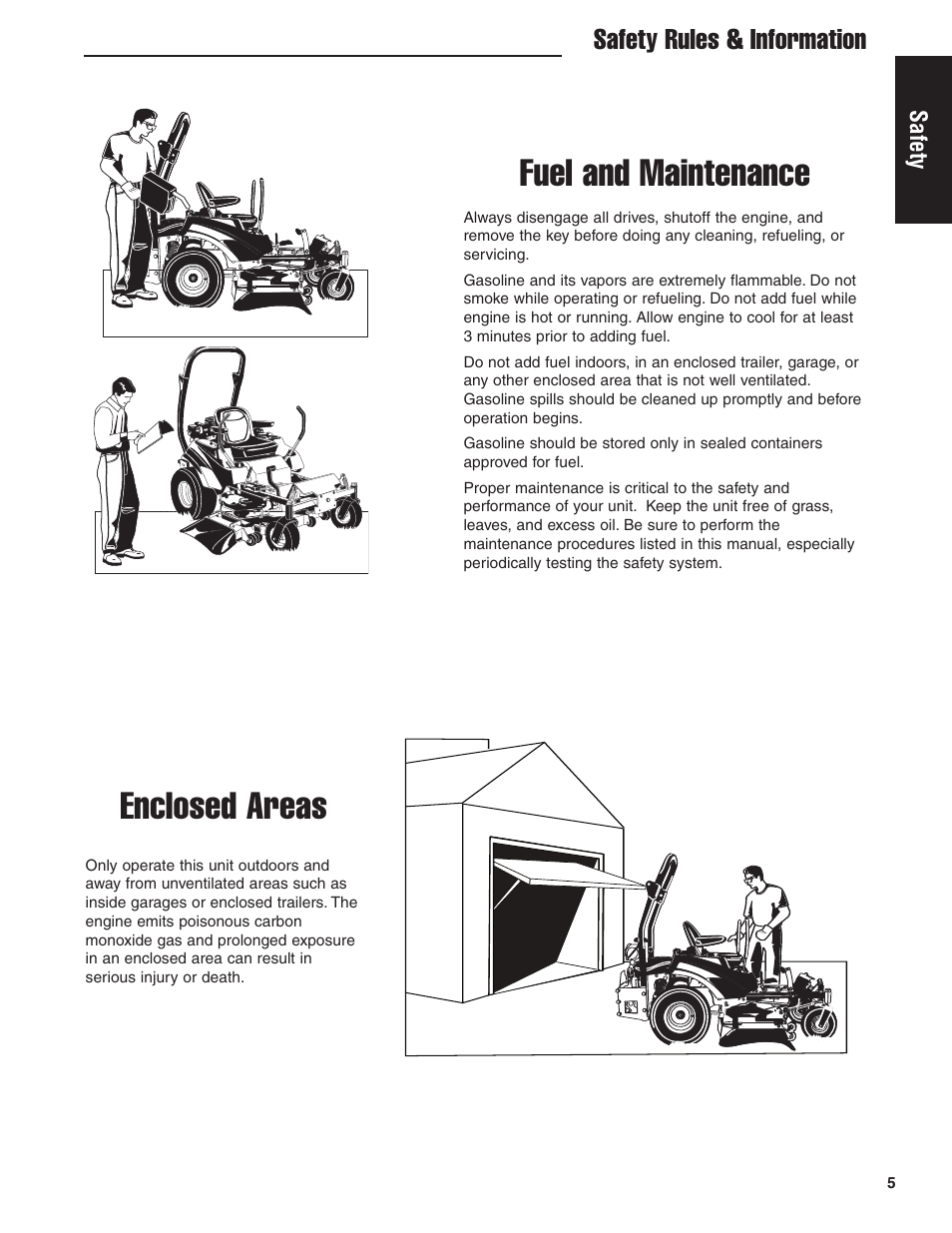 Enclosed areas, Fuel and maintenance, Safety rules & information | Briggs & Stratton Ferris 5900619 User Manual | Page 7 / 56