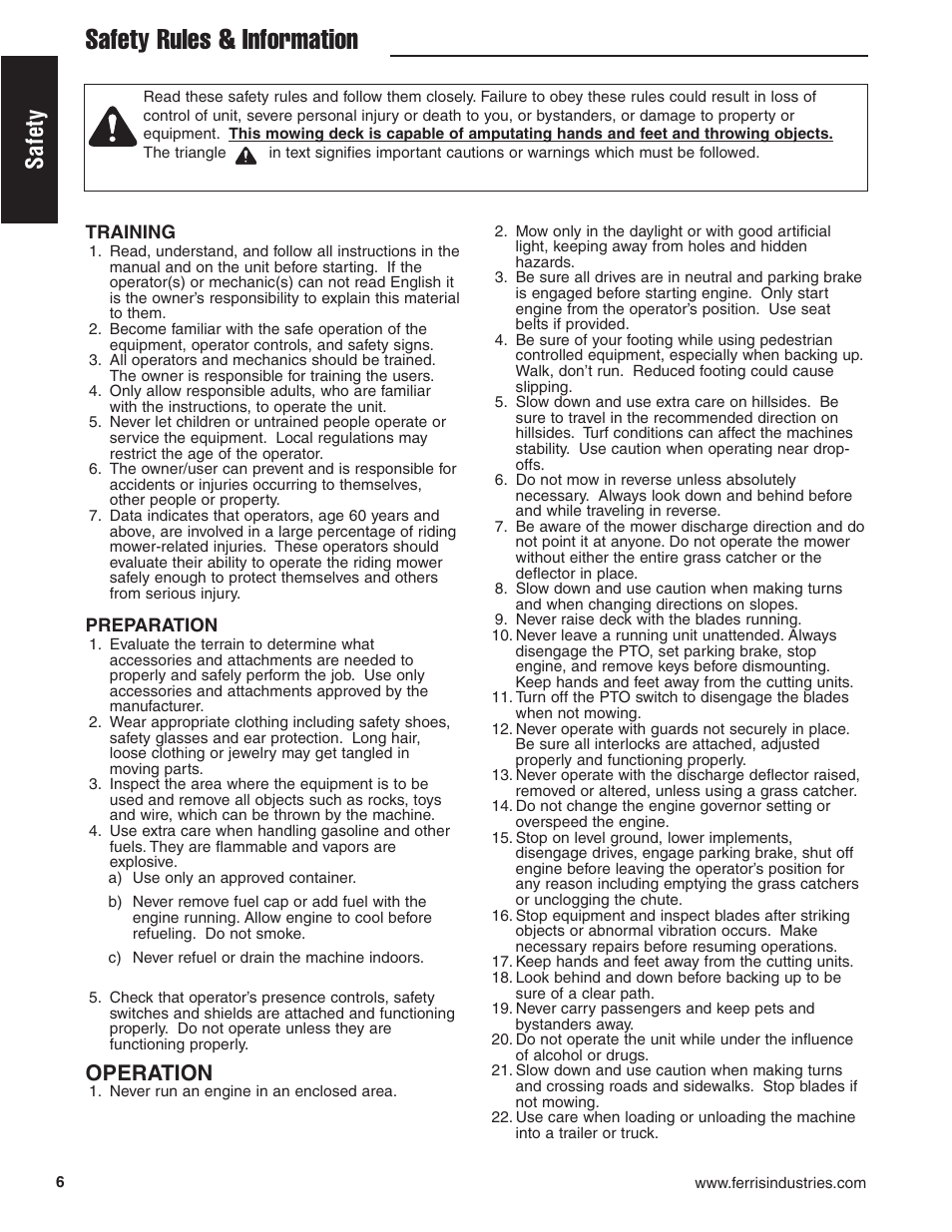 Safety rules & information, Safety, Operation | Briggs & Stratton Ferris 5900619 User Manual | Page 8 / 56