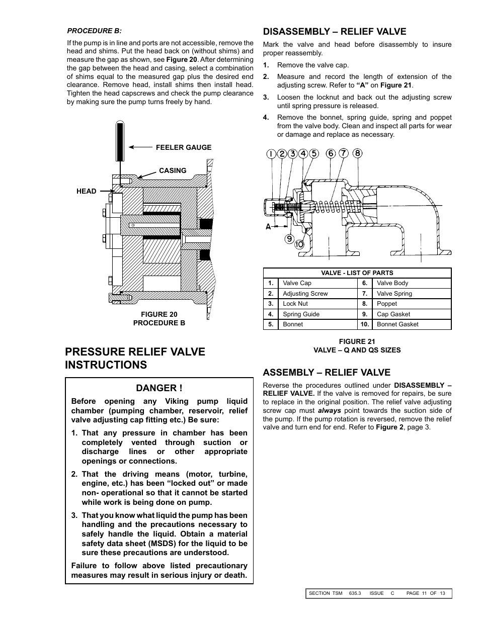 Pressure relief valve instructions, Danger, Disassembly – relief valve | Assembly – relief valve | Viking Pump TSM635.3: Q-QS Universal Mag Drive User Manual | Page 11 / 13