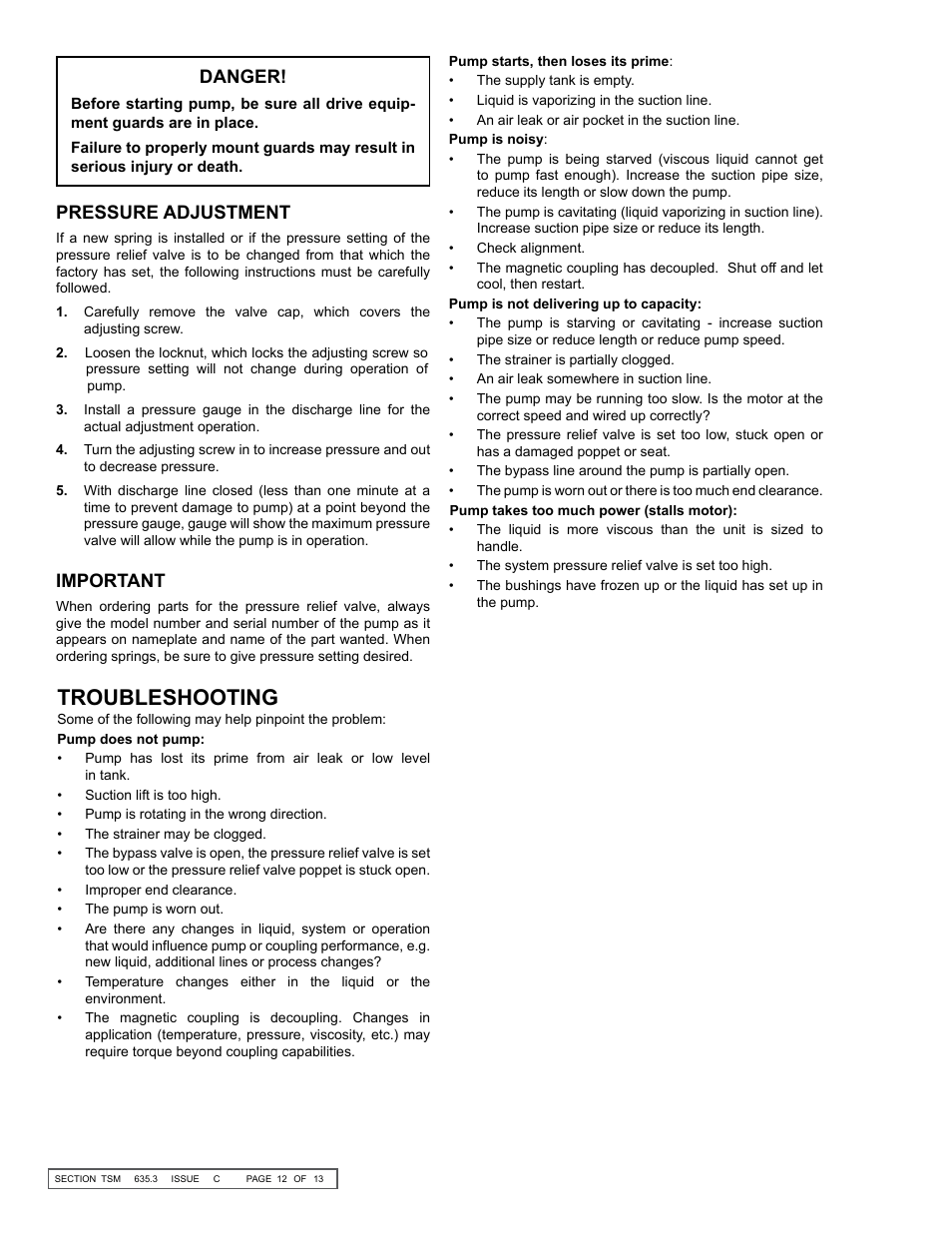 Troubleshooting, Pressure adjustment, Important | Danger | Viking Pump TSM635.3: Q-QS Universal Mag Drive User Manual | Page 12 / 13