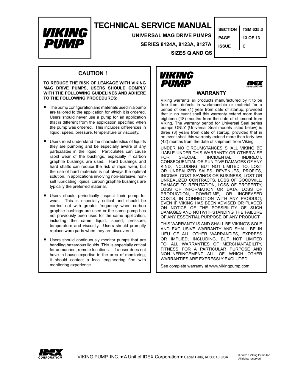 Technical service manual, Caution | Viking Pump TSM635.3: Q-QS Universal Mag Drive User Manual | Page 13 / 13