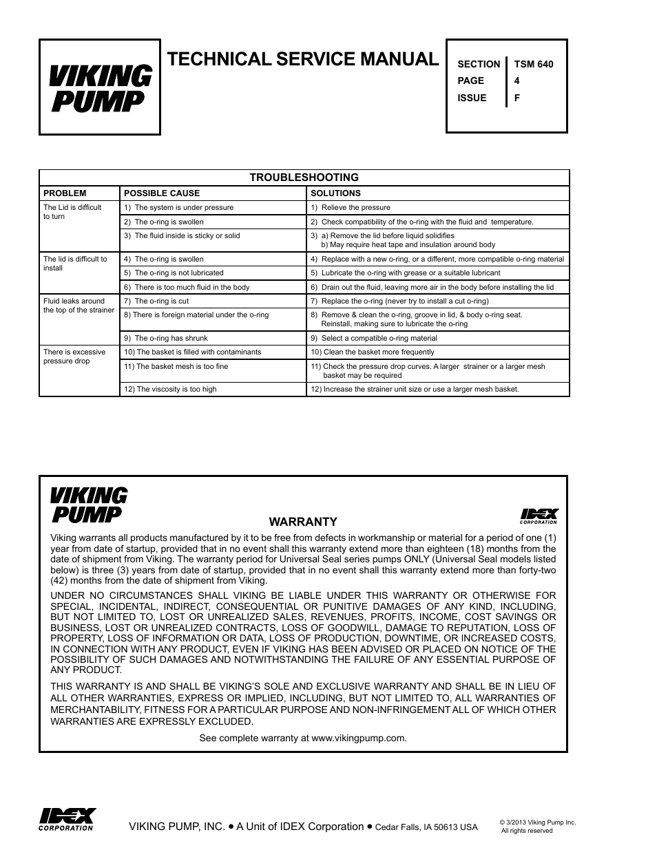 Technical service manual, Warranty | Viking Pump TSM640: Lid-Ease Strainers User Manual | Page 4 / 4