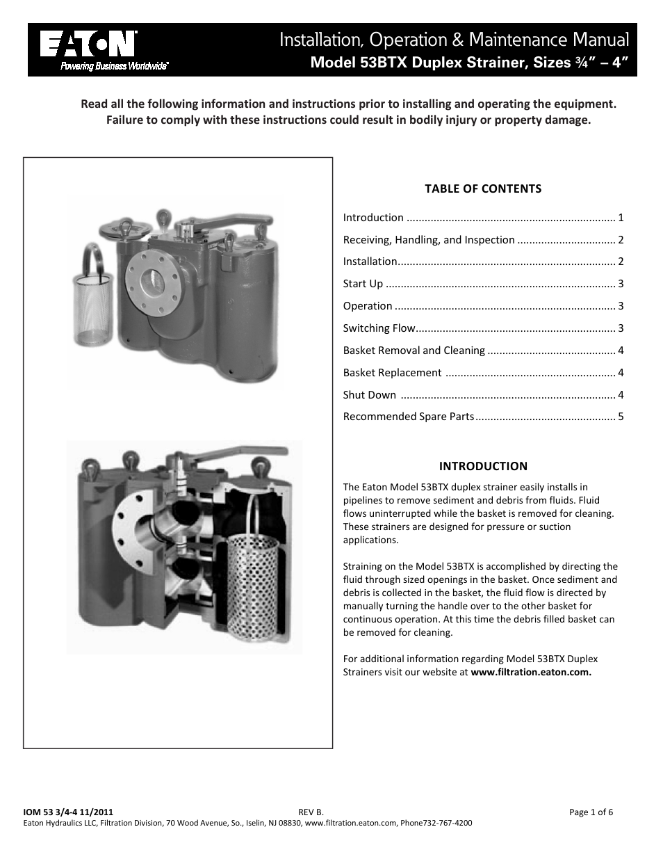 Viking Pump TSM641.1: Eaton Mod 53BTX Duplex Strainer User Manual | 6 pages