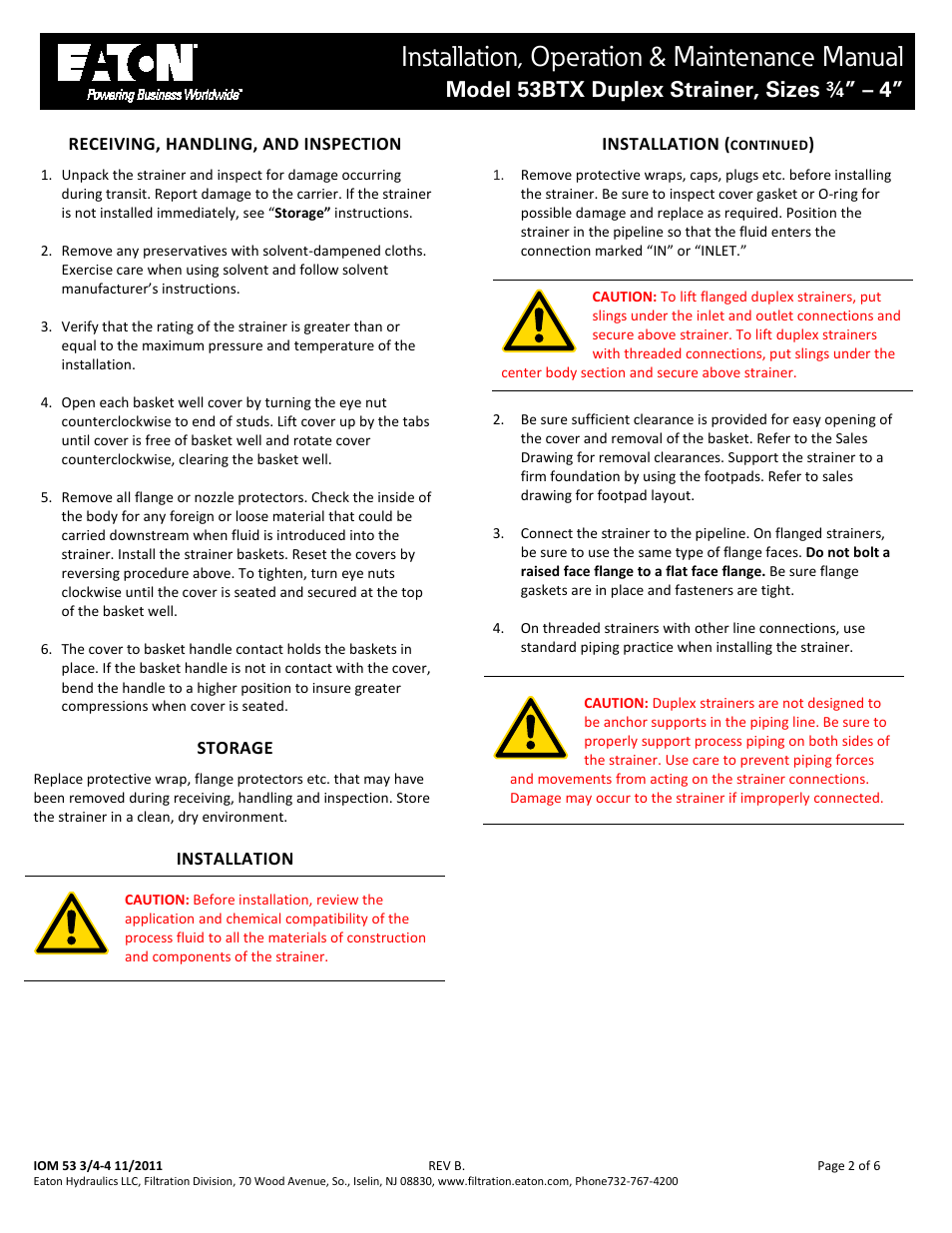 Installation, operation & maintenance manual, Model 53btx duplex strainer, sizes ¾” – 4 | Viking Pump TSM641.1: Eaton Mod 53BTX Duplex Strainer User Manual | Page 2 / 6
