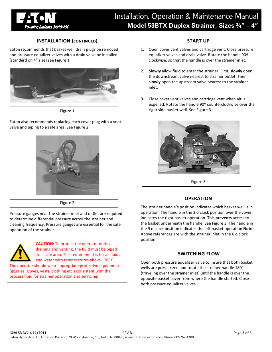 Installation, operation & maintenance manual, Model 53btx duplex strainer, sizes ¾” – 4 | Viking Pump TSM641.1: Eaton Mod 53BTX Duplex Strainer User Manual | Page 3 / 6