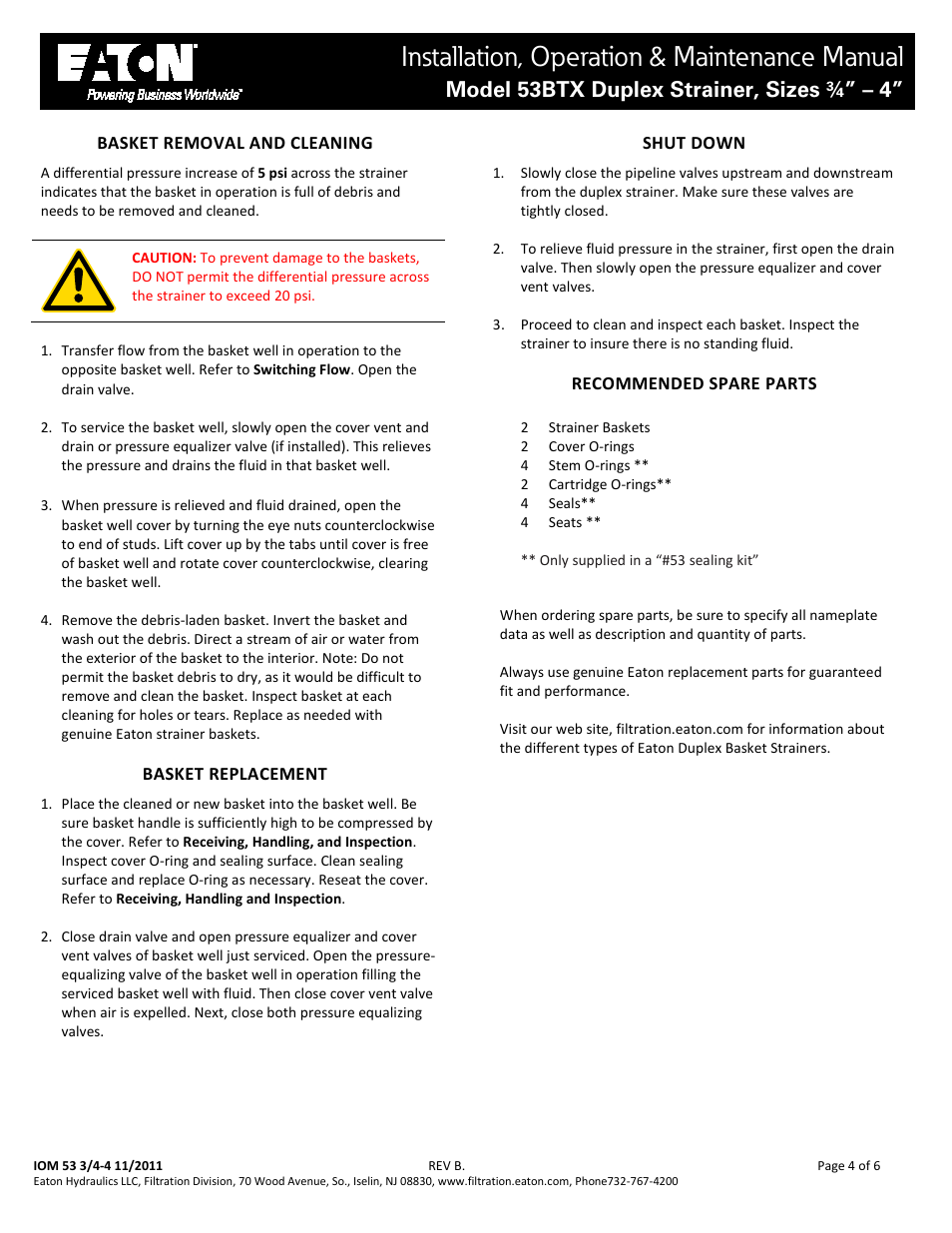 Installation, operation & maintenance manual, Model 53btx duplex strainer, sizes ¾” – 4 | Viking Pump TSM641.1: Eaton Mod 53BTX Duplex Strainer User Manual | Page 4 / 6