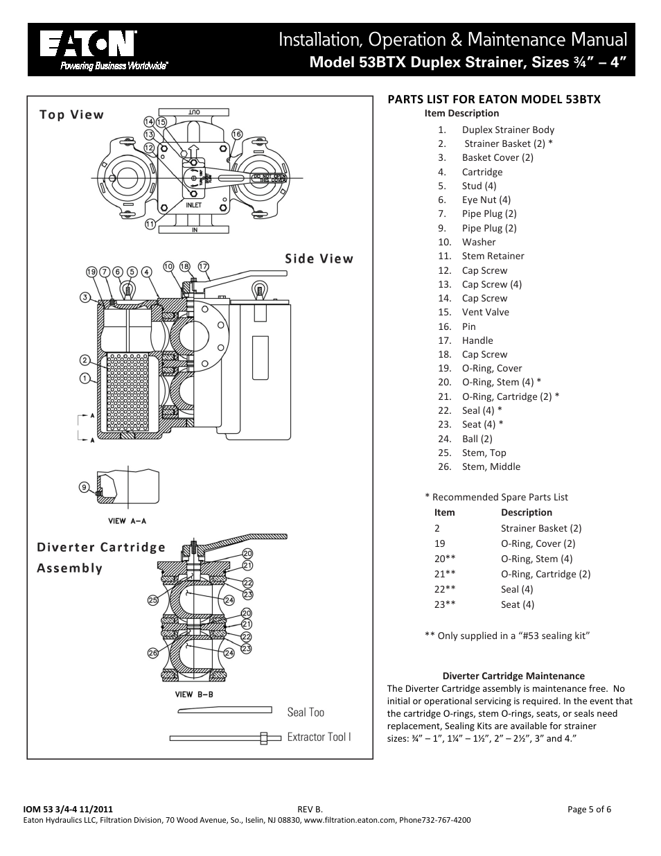 Installation, operation & maintenance manual, Model 53btx duplex strainer, sizes ¾” – 4 | Viking Pump TSM641.1: Eaton Mod 53BTX Duplex Strainer User Manual | Page 5 / 6