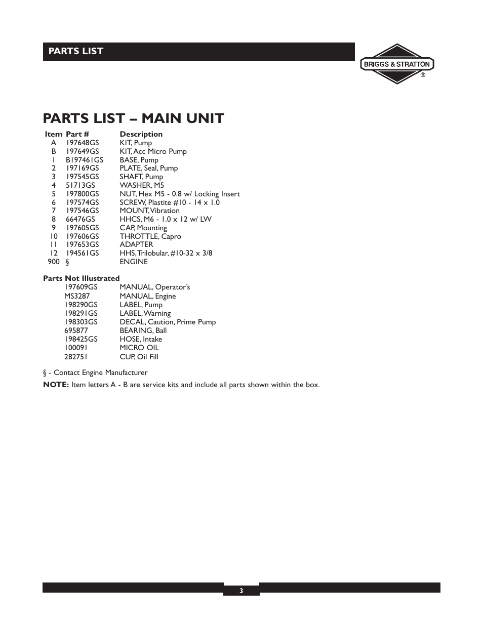 Parts list – main unit | Briggs & Stratton 073000 User Manual | Page 3 / 3