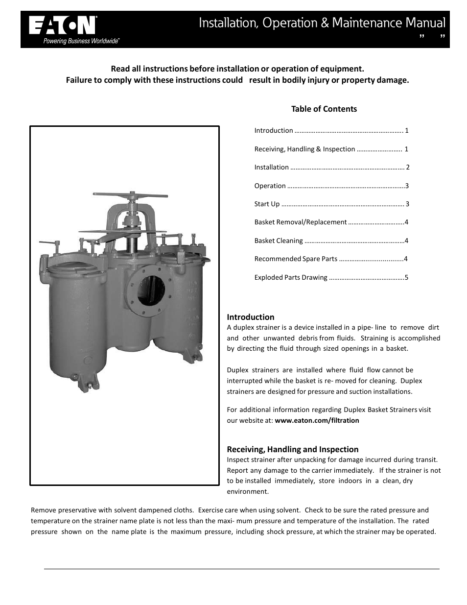 Viking Pump TSM641.2 Eaton Model 50 Duplex Basket Strainer, Sizes 5 - 8 User Manual | 6 pages