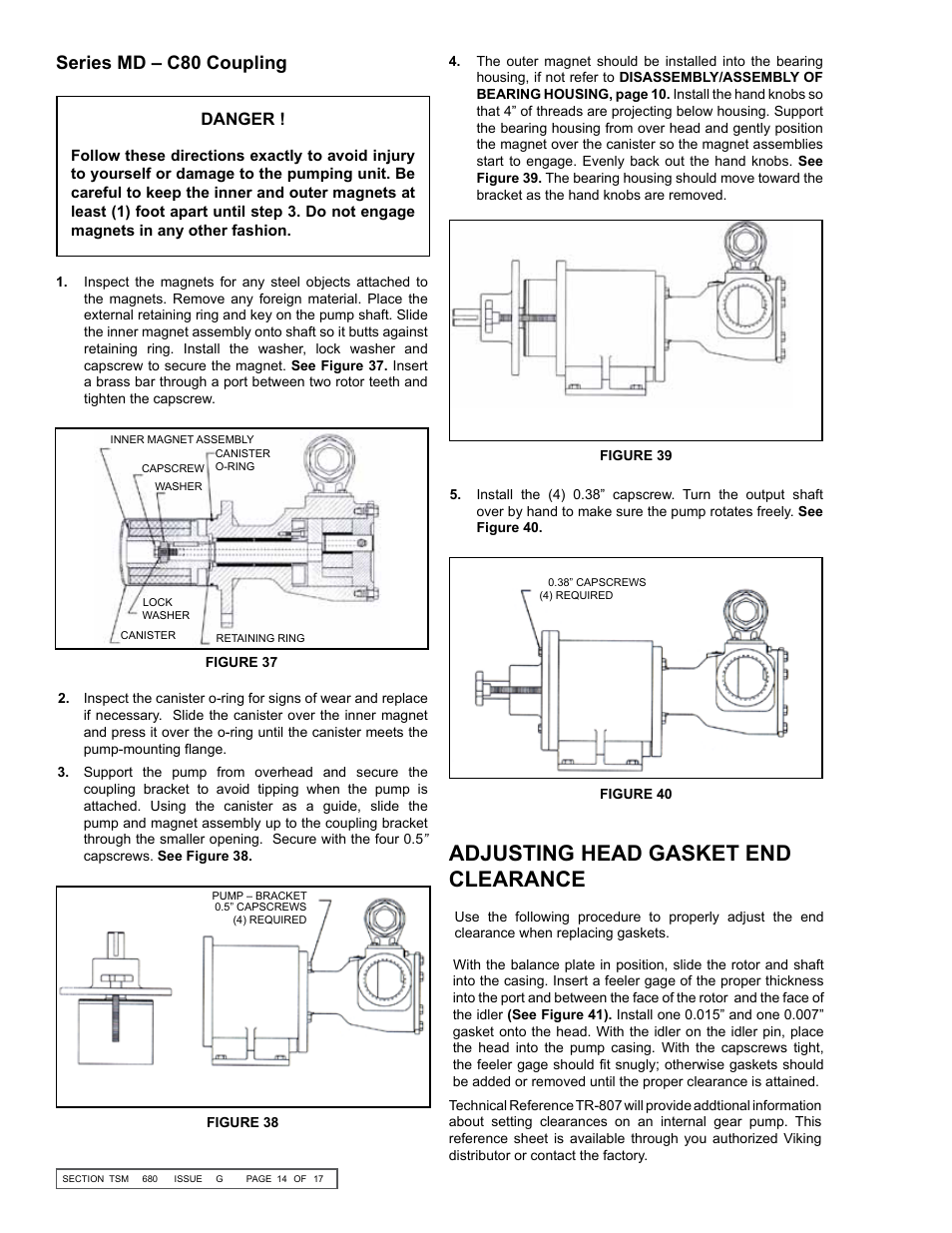 Adjusting head gasket end clearance, Series md – c80 coupling, Danger | Viking Pump TSM680: 895, 893 and 897 Mag Drive User Manual | Page 14 / 17