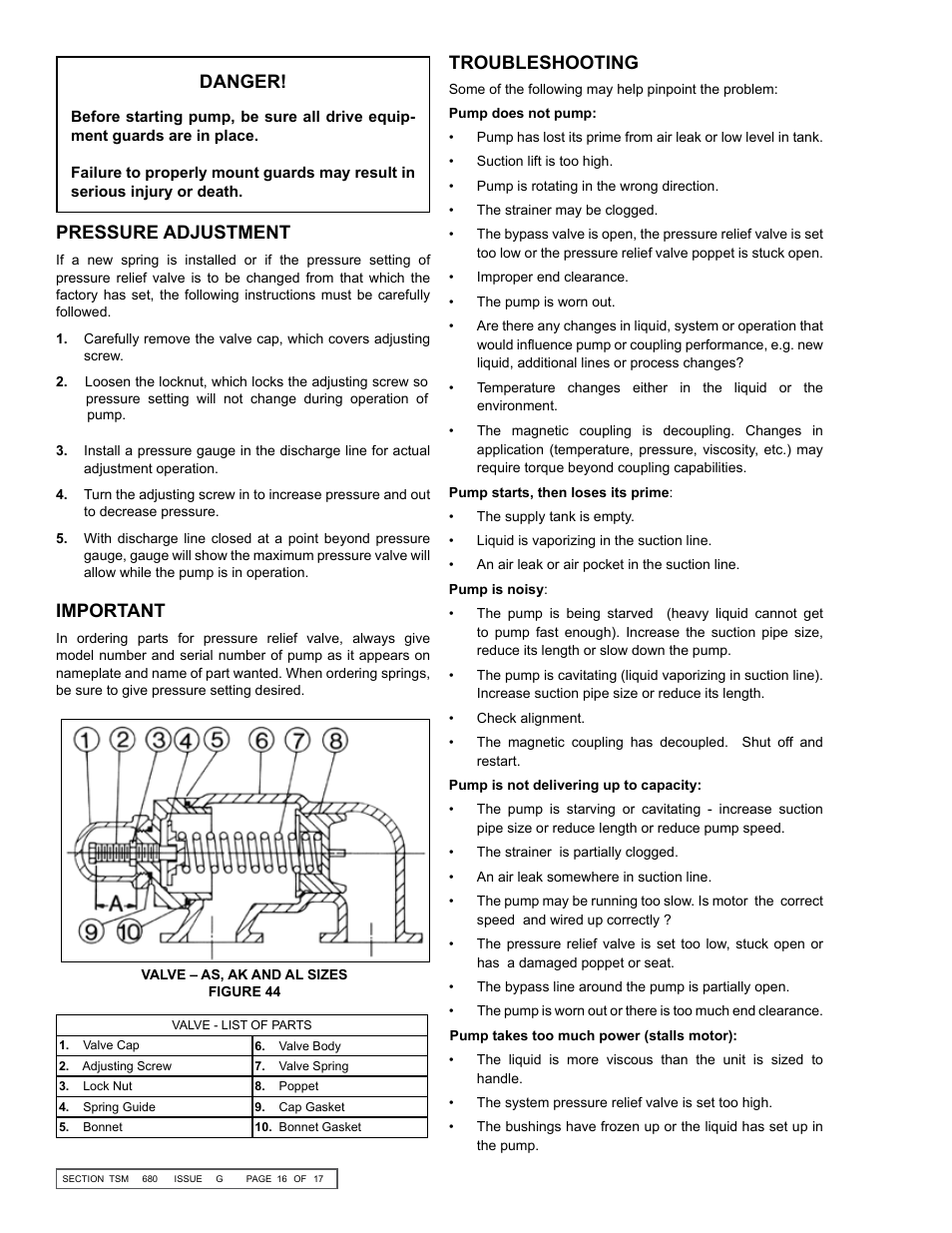 Danger, Pressure adjustment, Important | Troubleshooting | Viking Pump TSM680: 895, 893 and 897 Mag Drive User Manual | Page 16 / 17