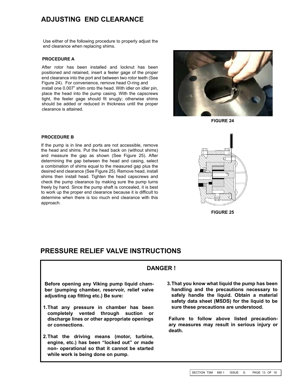 Adjusting end clearance, Pressure relief valve instructions, Danger | Viking Pump TSM685.1: GS-HL 855 User Manual | Page 13 / 16