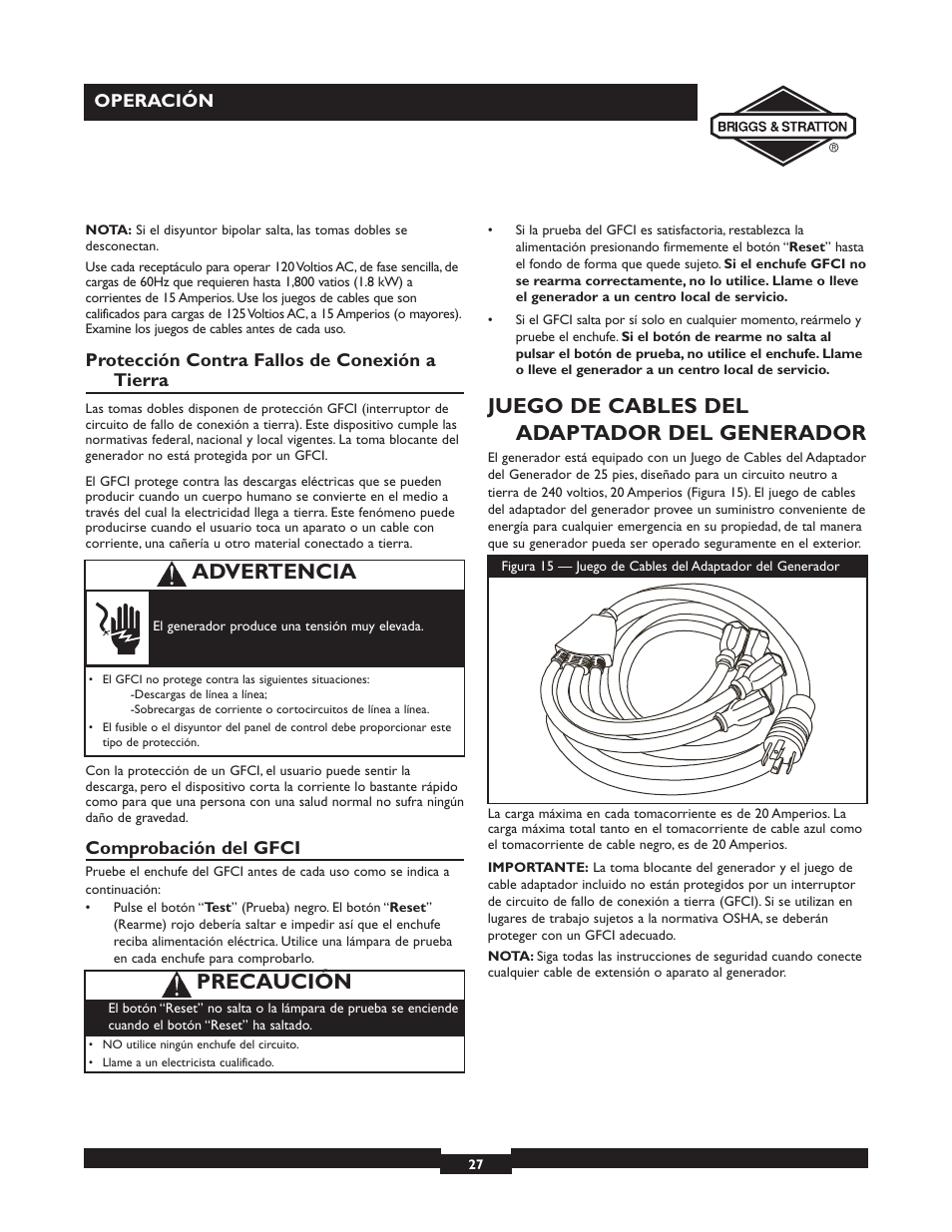 Juego de cables del adaptador del generador, Advertencia, Precaución | Briggs & Stratton 030252 User Manual | Page 27 / 32