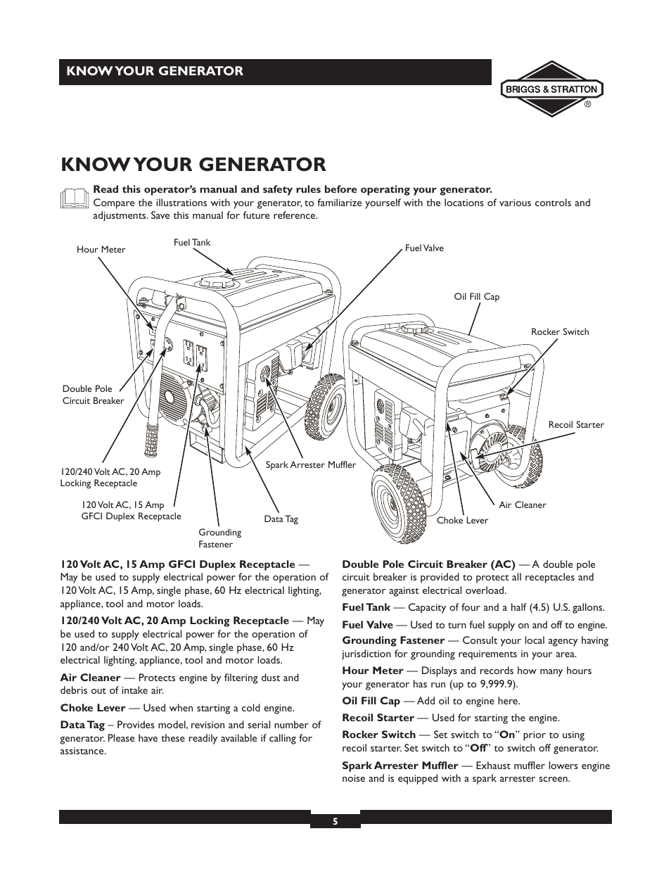 Know your generator | Briggs & Stratton 030252 User Manual | Page 5 / 32