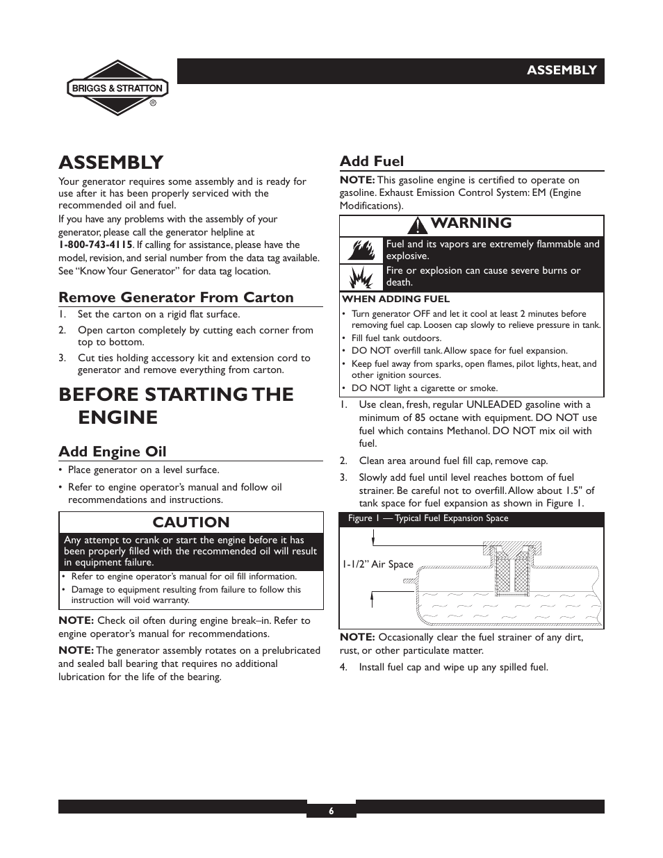 Assembly, Before starting the engine, Remove generator from carton | Add engine oil, Add fuel, Caution, Warning | Briggs & Stratton 030252 User Manual | Page 6 / 32