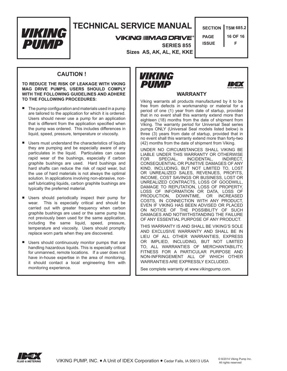 Technical service manual, Caution | Viking Pump TSM685.2: AS-KKE 855 User Manual | Page 16 / 16