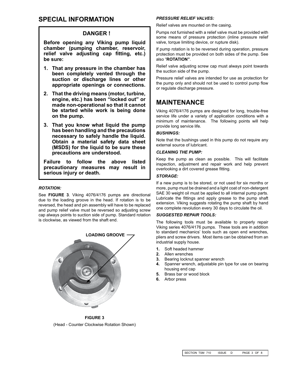 Maintenance, Special information | Viking Pump TSM710: KE-LQE 4076/4176 User Manual | Page 3 / 8