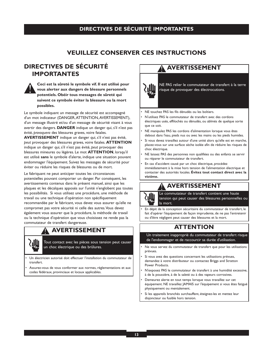 Operati, Operation, Veuillez conserver ces instructions | Avertissement, Attention, Directives de sécurité importantes | Briggs & Stratton 50A NEMA 3R User Manual | Page 13 / 28