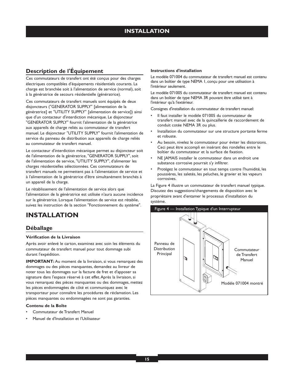 Installation, Description de l'équipement, Déballage | Briggs & Stratton 50A NEMA 3R User Manual | Page 15 / 28