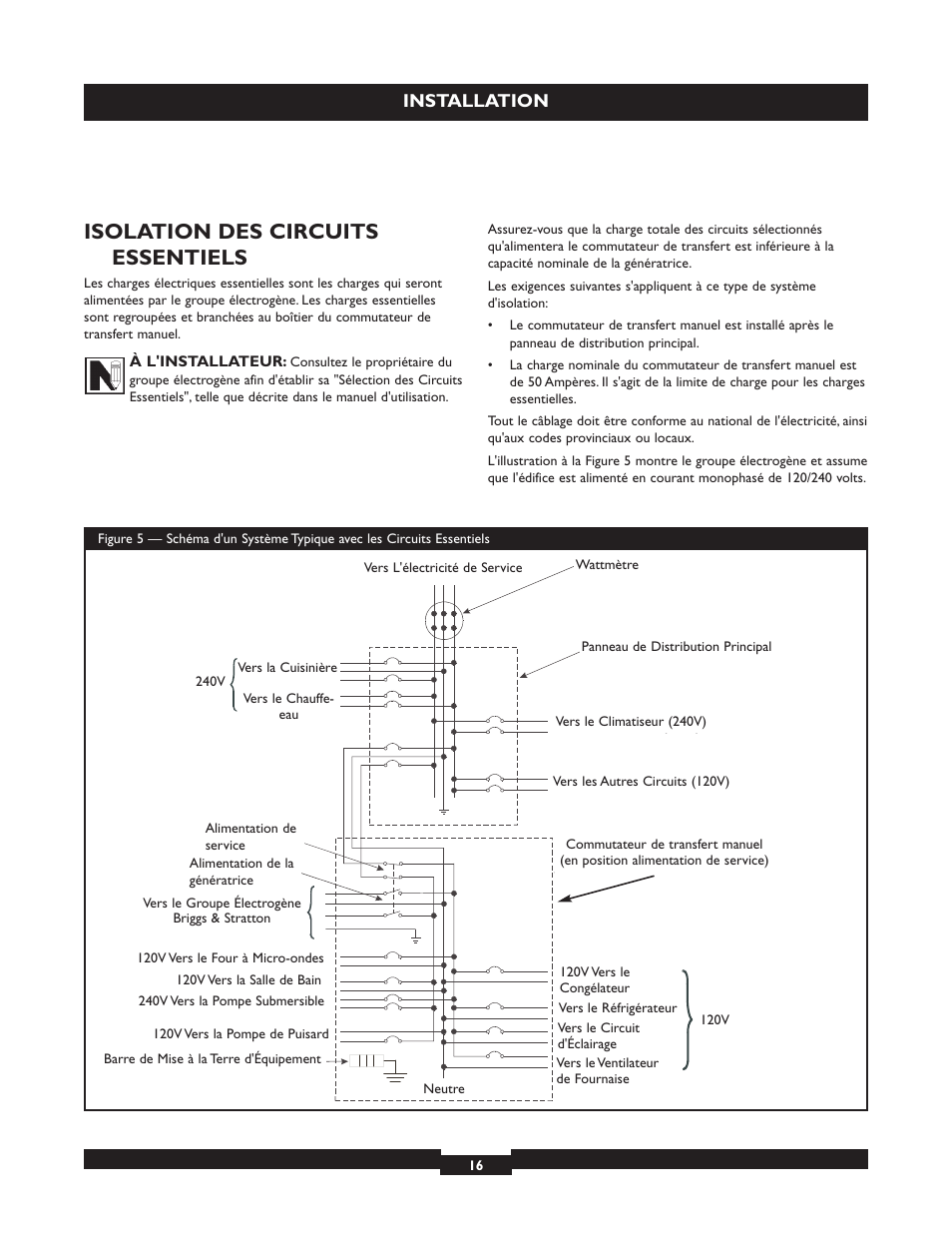 Isolation des circuits essentiels, Installation | Briggs & Stratton 50A NEMA 3R User Manual | Page 16 / 28