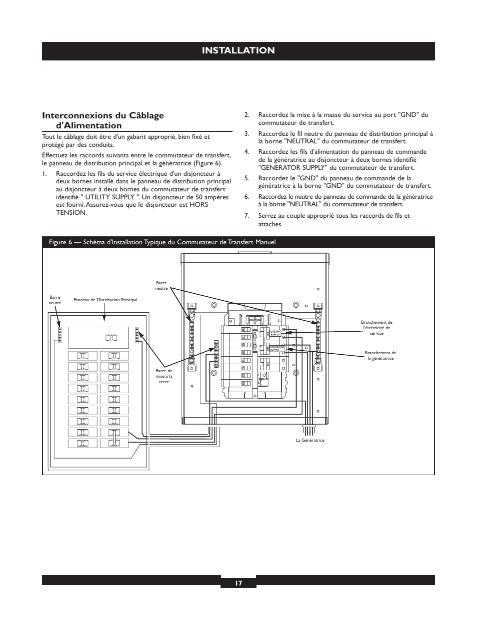 Installation, Interconnexions du câblage d'alimentation | Briggs & Stratton 50A NEMA 3R User Manual | Page 17 / 28