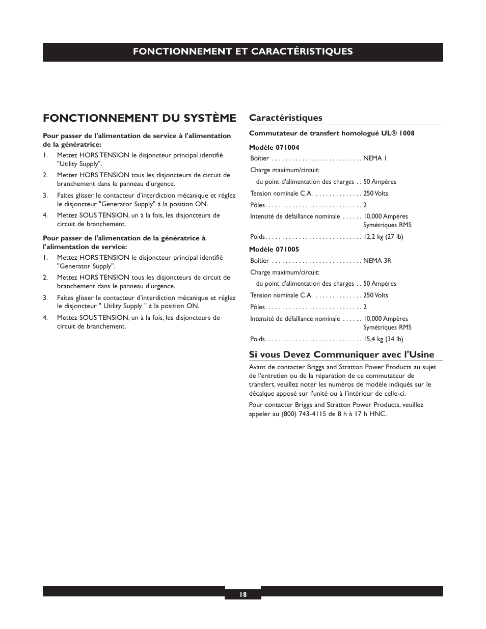 Fonctionnement du système, Fonctionnement et caractéristiques, Caractéristiques | Si vous devez communiquer avec l'usine | Briggs & Stratton 50A NEMA 3R User Manual | Page 18 / 28
