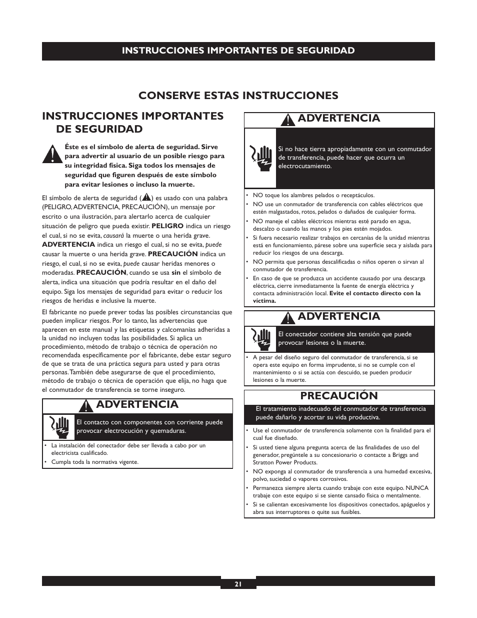 Conserve estas instrucciones, Advertencia, Precaución | Instrucciones importantes de seguridad | Briggs & Stratton 50A NEMA 3R User Manual | Page 21 / 28
