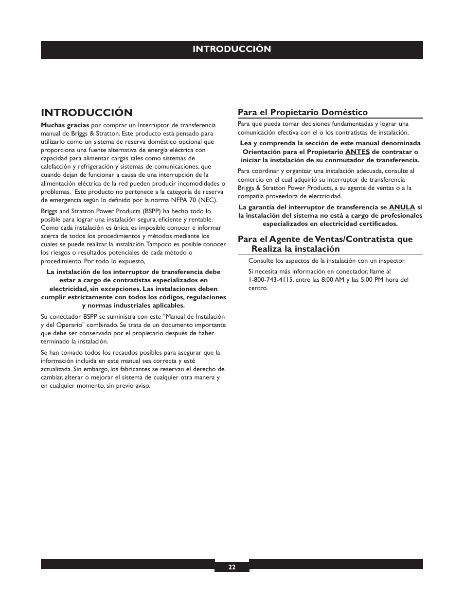 Parts, Introducción | Briggs & Stratton 50A NEMA 3R User Manual | Page 22 / 28