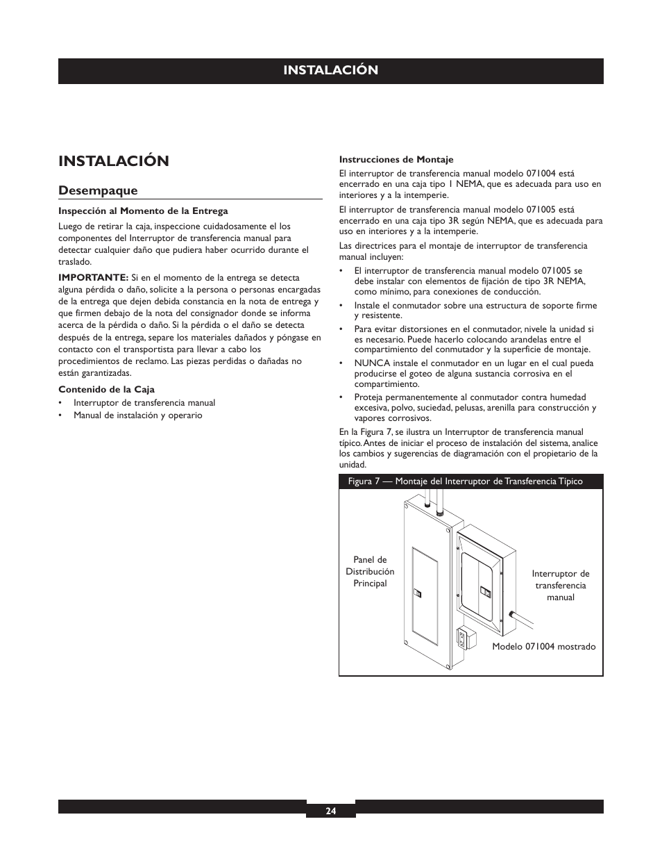 Instalación, Desempaque | Briggs & Stratton 50A NEMA 3R User Manual | Page 24 / 28
