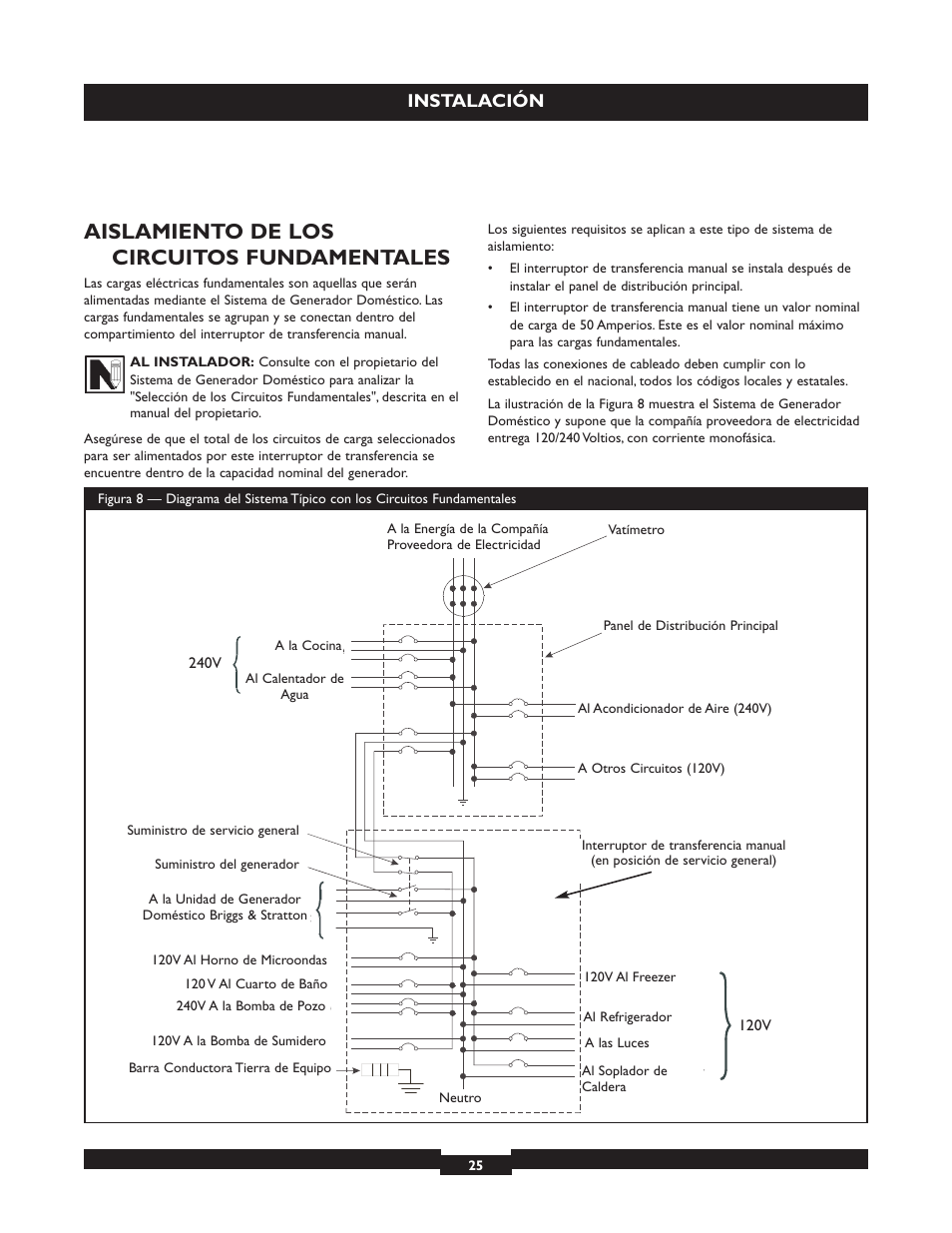 Aislamiento de los circuitos fundamentales, Instalación | Briggs & Stratton 50A NEMA 3R User Manual | Page 25 / 28