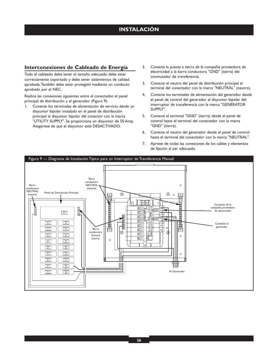 Instalación, Interconexiones de cableado de energía | Briggs & Stratton 50A NEMA 3R User Manual | Page 26 / 28