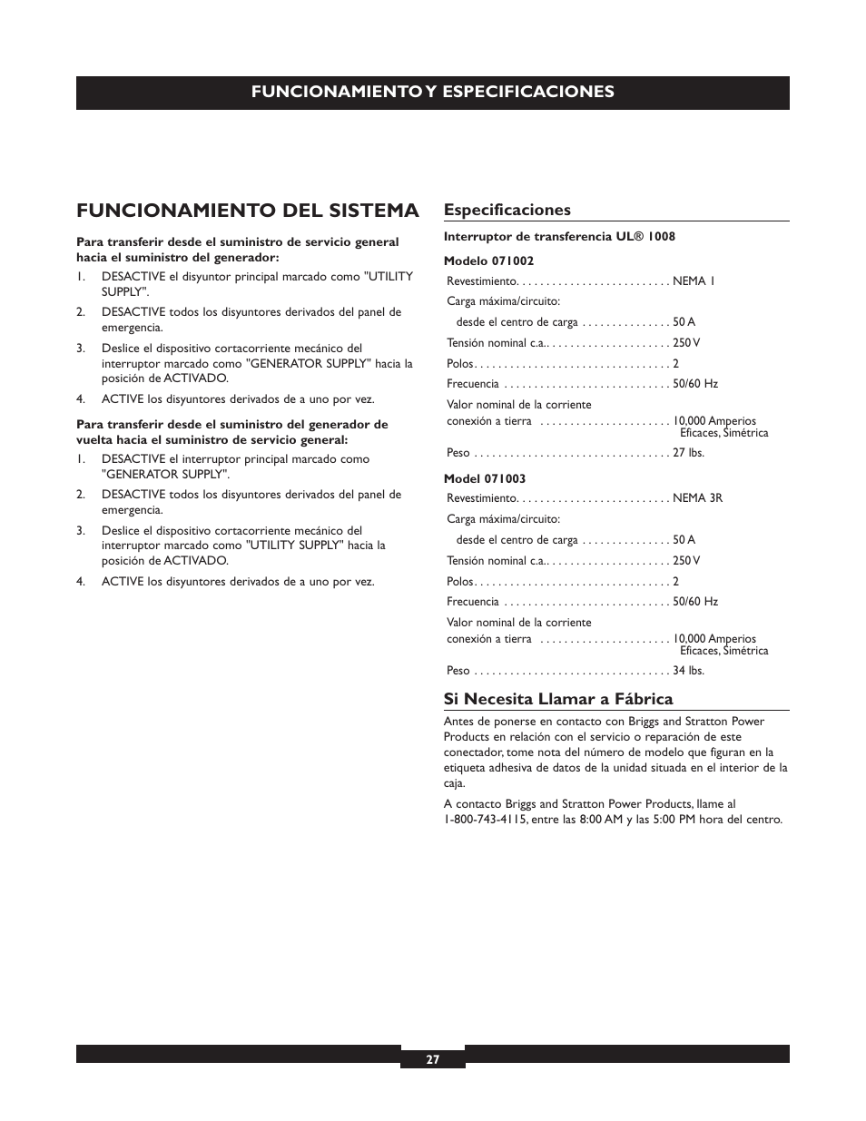 Funcionamiento del sistema, Funcionamiento y especificaciones, Especificaciones | Si necesita llamar a fábrica | Briggs & Stratton 50A NEMA 3R User Manual | Page 27 / 28