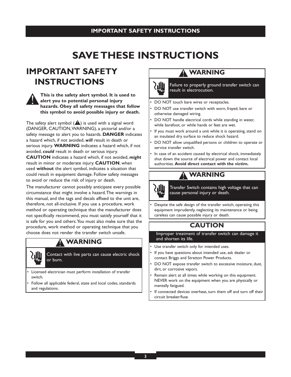 Safety rules, Save these instructions, Important safety instructions | Warning, Caution | Briggs & Stratton 50A NEMA 3R User Manual | Page 3 / 28
